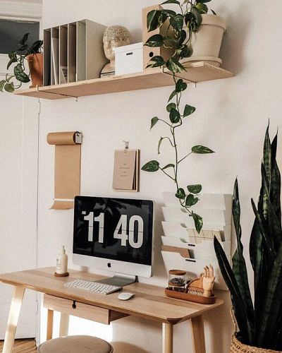 decoração home office com computador e plantas