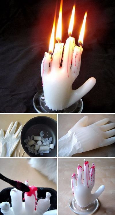 decoração de halloween com vela em formato de mão 