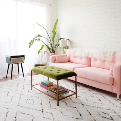 Sofá rosa claro com tapete bege e planta na sala 