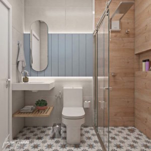 Banheiro pequeno de apartamento com revestimento que imita madeira e ladrilho