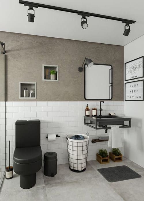 Banheiro preto e branco com decoração industrial