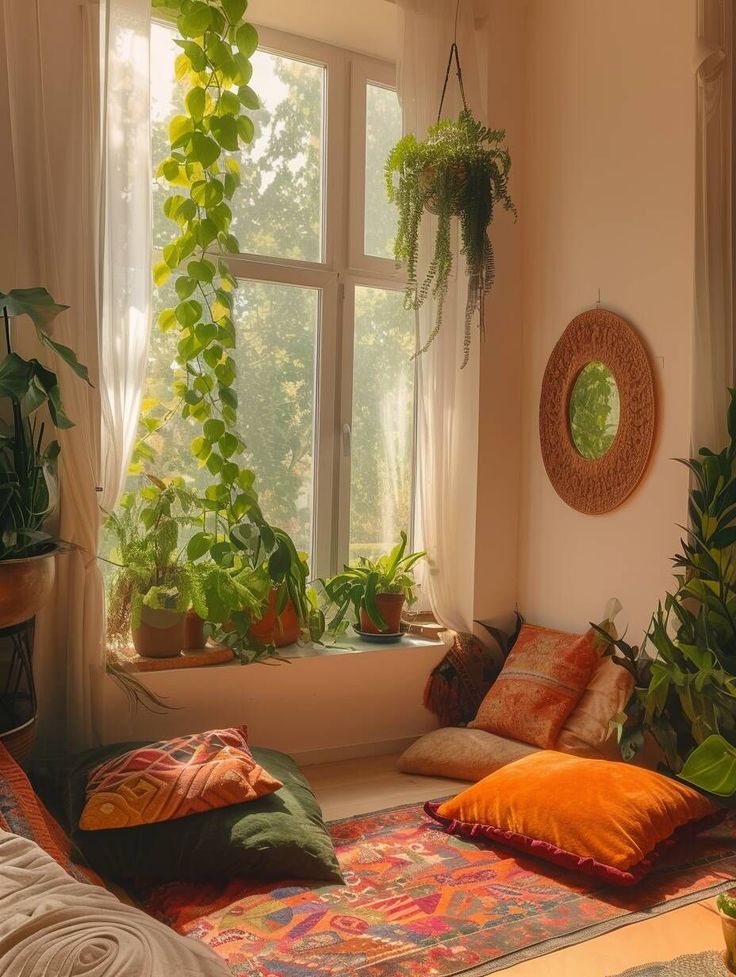 decoração de espaço zen com plantas e almofadas