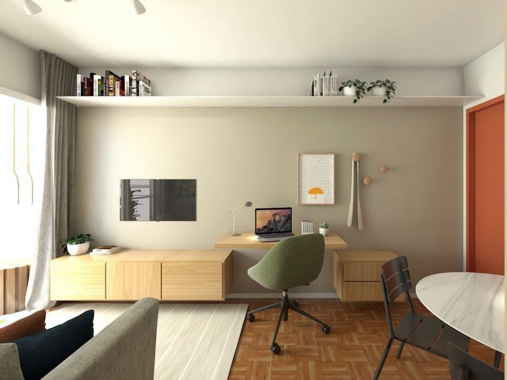 Home office na sala: Saiba mais sobre essa tendência + dicas Home office na sala em prateleira de sala pequena