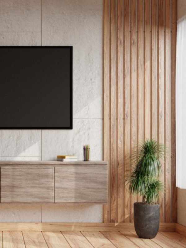painel de madeira ripado - decoração na sala com vaso