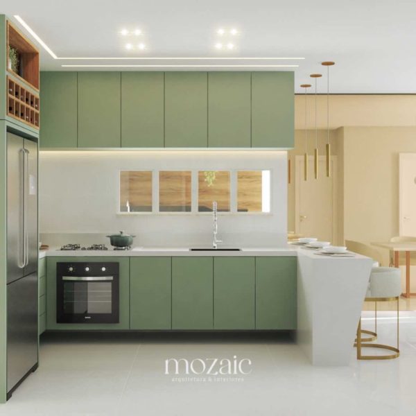 Projeto de cozinha planejada verde e branca